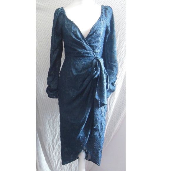 NEW ASTR Label NAVY Terese METALLIC Floral LONG SLEEVE Cocktail MIDI DRESS XS - Picture 6 of 16